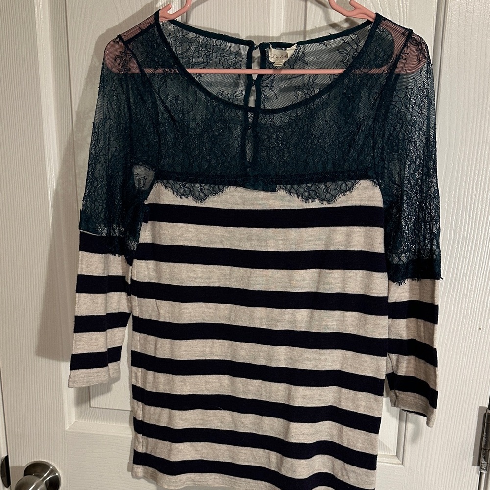 Deletta Navy and Cream Striped Lace Blouse